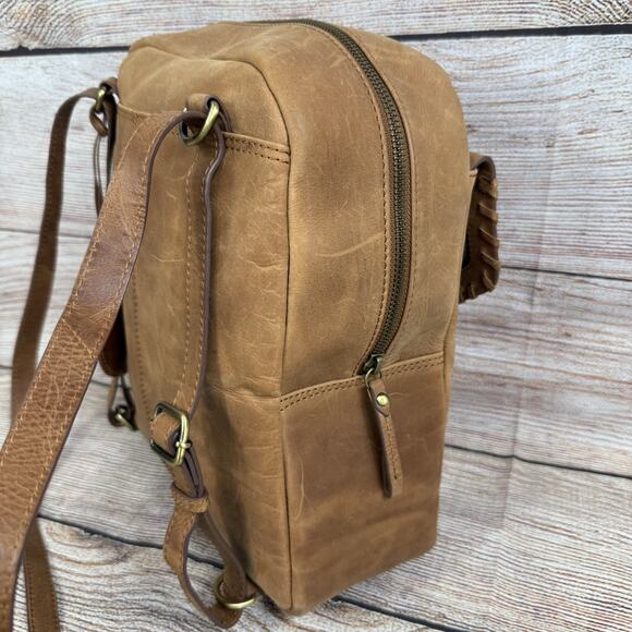 BORN Brown Leather Backpack Bag Distressed Bohemian Laser Cut Fringe Festival - Picture 8 of 16